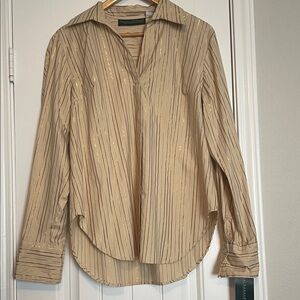 Harvé Benard by Benard Holtzman Gold-Striped Beige Button-Front Blouse